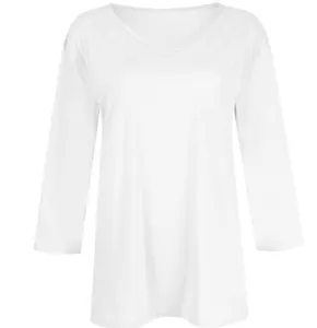 Close-up front view of a minimalist white V-neck three-quarter sleeve casual T-shirt