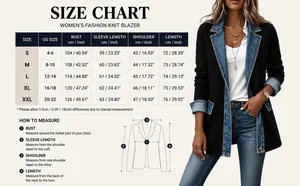 Tabla de tallas y guía de medidas para blazer de mujer con parches de denim