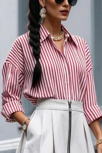 Stylish women's red and white vertical striped long-sleeved lapel blouse for commute