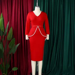 Elegant red V-neck long sleeve pencil dress with peplum detail shown on mannequin