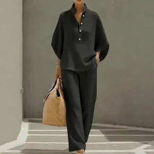 Ensemble deux pièces décontracté en maille gaufrée pour femme avec chemise et pantalon large