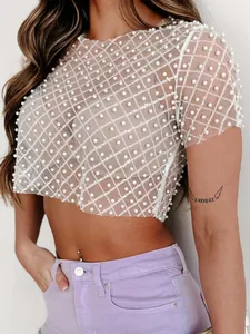 Sexy white sheer mesh crop top featuring elegant pearl embellishments and short sleeves