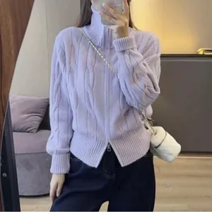 Lavender purple cable-knit turtleneck cardigan with trendy double zipper design