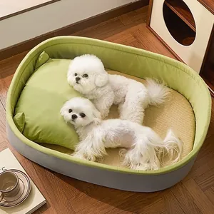 Grünes ovales Sommer-Haustierbett mit Kühlmatte und Kissen für kleine Hunde