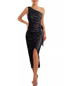 Elegant black one-shoulder sequin cocktail dress with sleeveless wrap design for women.