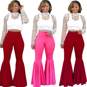 Pantalones de campana sexys de cintura alta con volantes y top de malla blanca set