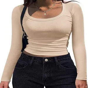 Stylish women's slim fit ribbed long sleeve square neck T-shirt in elegant cream