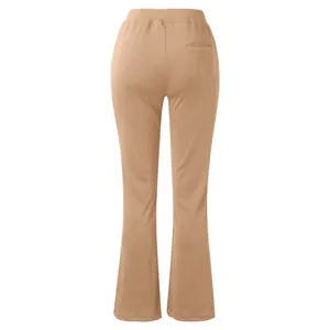 High-waisted tan yoga flare pants for women, back view showing functional rear pocket