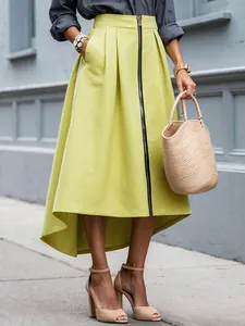 Lime green high-waisted A-line skirt with front zipper and irregular hemline