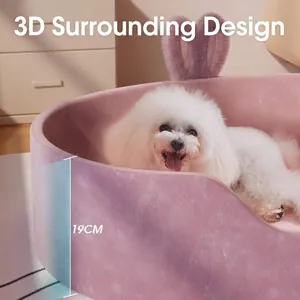 Roze pluche huisdierbed met 19 cm hoge rand en konijnenoren voor kleine honden
