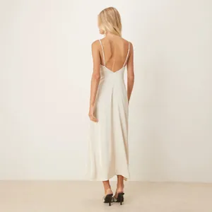 Back view of an elegant ivory satin slip dress with thin straps and low back design