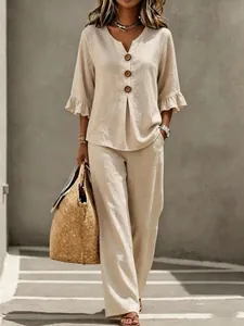 Ensemble 2 pièces décontracté en lin beige avec haut à col en V et pantalon large