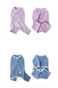 Purple and blue striped pet four-legged pajamas shown in folded and flat views