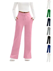 Women High Waist Wide Leg Pants Casual Solid Color Loose Flowy Long Trousers Drawstring Side Slit Lightweight Comfy Bottoms