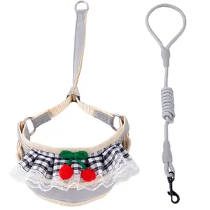 Cute grey dog harness and leash set featuring lace ruffles and knit cherry decoration