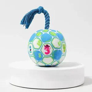 Blue cotton rope handle attached to a colorful plush squeaky toy ball for pet dogs