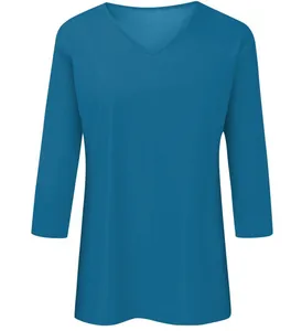 Casual women's V-neck solid teal blue T-shirt with comfortable three-quarter sleeves
