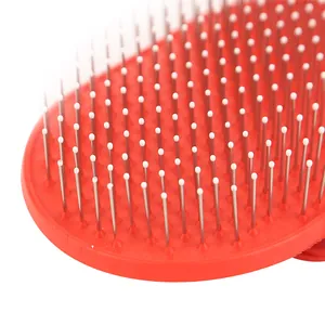 Red rubber pet grooming brush with stainless steel long pins for dog massage bath