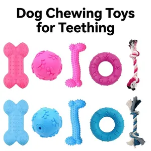 Durable dog chew toy set including rubber bones, balls, rings and cotton ropes