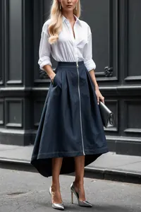 Detail view of white long-sleeve lapel shirt paired with navy high-low pleated skirt