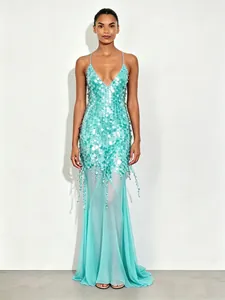 Elegant turquoise V-neck sequined mermaid evening dress with a sexy backless design.