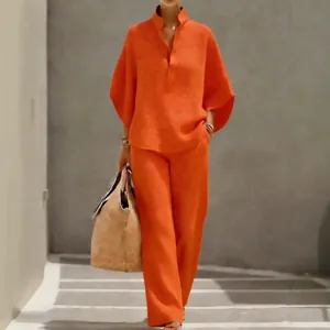 Ensemble deux pièces orange décontracté avec chemise boutonnée et pantalon large femme