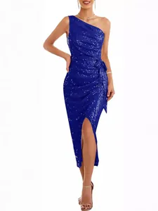 Sparkling royal blue one-shoulder sequin wrap dress for cocktail parties and weddings