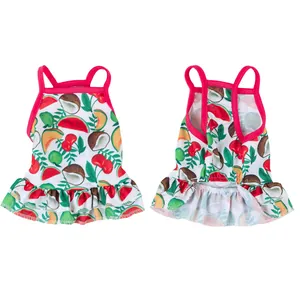 Front and back view of tropical fruit print pet dress with pink straps for small dogs