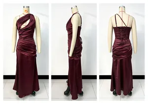 Detailed views of burgundy satin one-shoulder dress with pleats and lace-up back