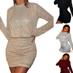 Elegant sequin long sleeve bodycon mini dress with high neck in multiple colors