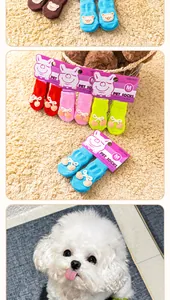 Set of colorful cute non-skid pet socks with bear patches and cherry bows for small dogs.