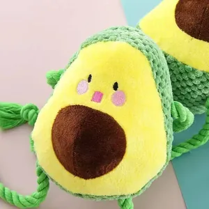 Cute avocado plush dog chew toy with durable green cotton ropes for molar cleaning