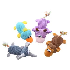 Durable corduroy plush dog chew toys with rope tails for interactive play and dental care