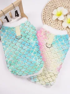 Detail of plush dog sweatshirt with gradient mermaid scales and leash D-ring attachment