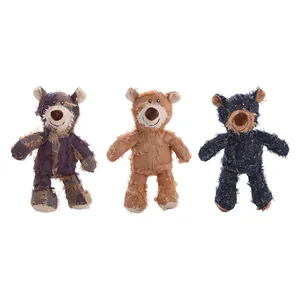 Set of three shabby-style plush bear dog squeaky toys for heavy chewing and interactive play.