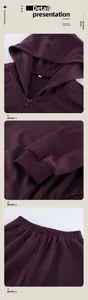 Primer plano de la textura del chándal morado, puños acanalados y cintura elástica.
