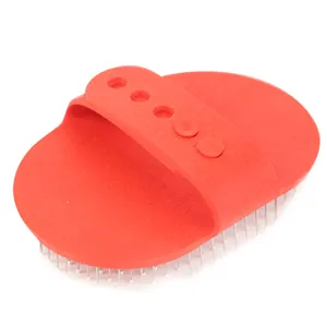 Professional red rubber pet bath brush featuring stainless steel massage pins for dogs
