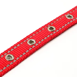 Close-up view of a reflective red nylon dog collar with durable metal eyelets