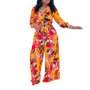 Modisches zweiteiliges Set mit Blumenmuster, Hemd mit Bindeband und weiter Hose
