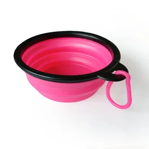 Portable hot pink collapsible pet food water bowl with black rim and carabiner hook