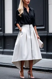 Elegant black long sleeve professional shirt paired with a white front zipper midi skirt
