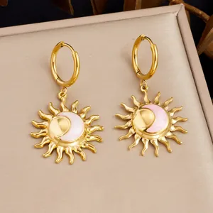 Retro Edelstahl Sonne Mond Tropföl Tropfen Ohrringe Vergoldet Rosa Himmlische Creolen Für Damen Persönlichkeit Schmuck