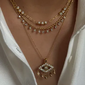 Collar con Colgante de Ojo Turco de Acero Inoxidable para Mujer Chapado en Oro con Borla Gargantilla con Strass Joyería Regalo