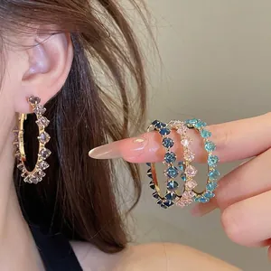 Korean Fashion Round Hoop Earrings 925 Sterling Silver Post Copper Gold Plated Colorful Zirconia Inlaid Women Jewelry Gift