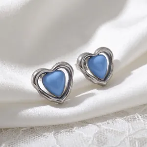Pendientes de Botón Corazón Calado Acero Inoxidable 304 Resina Azul Pendientes Corazón Dulce Para Mujer Diseño de Nicho Joyería de Moda Regalo
