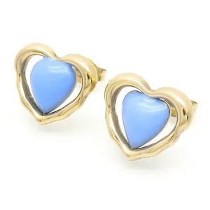 Elegantes pendientes de corazón en acero inoxidable dorado con esmalte azul claro fino