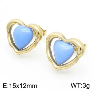 Pendientes de corazón hueco dorado con centro de esmalte azul claro, acero inoxidable