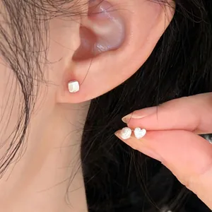 Minimalist Geometric Heart Round Square Stud Earrings With 925 Sterling Silver Post Korean Style Copper Rhinestone Jewelry