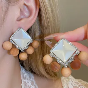 Boucles d'Oreilles Pendantes Ethniques en Résine et Bois pour Femme Strass Géométrique Carré Bijoux de Mode Cadeau