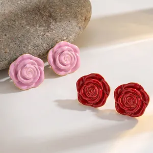 Fashion Stainless Steel Enamel Rose Flower Stud Earrings 18K Gold Plated European Simple Elegant Jewelry For Women Gift